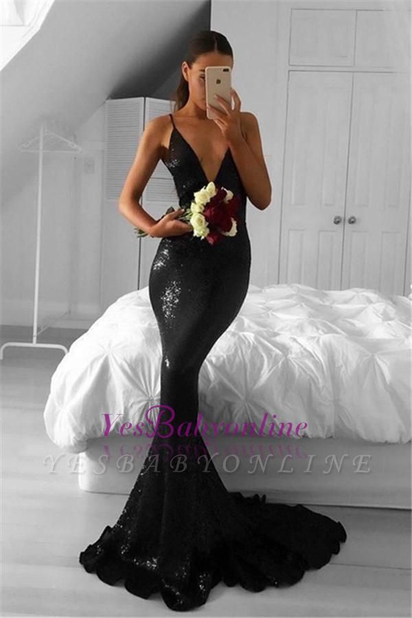 Sexy Sequined Black Sweep-Train Mermaid V-Neck Prom Dresses