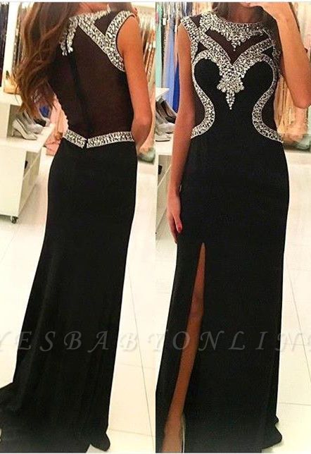 Black Sheath Prom Dresses Crystals Side Slit Sexy Evening Gowns