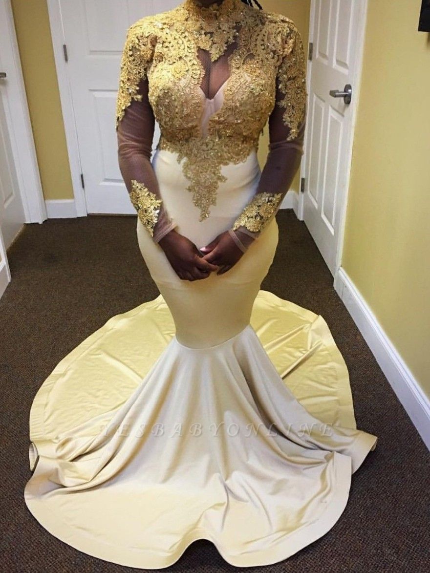 Sexy Long Sleeves Prom Dresses | Gold Appliques Mermaid Evening Gown