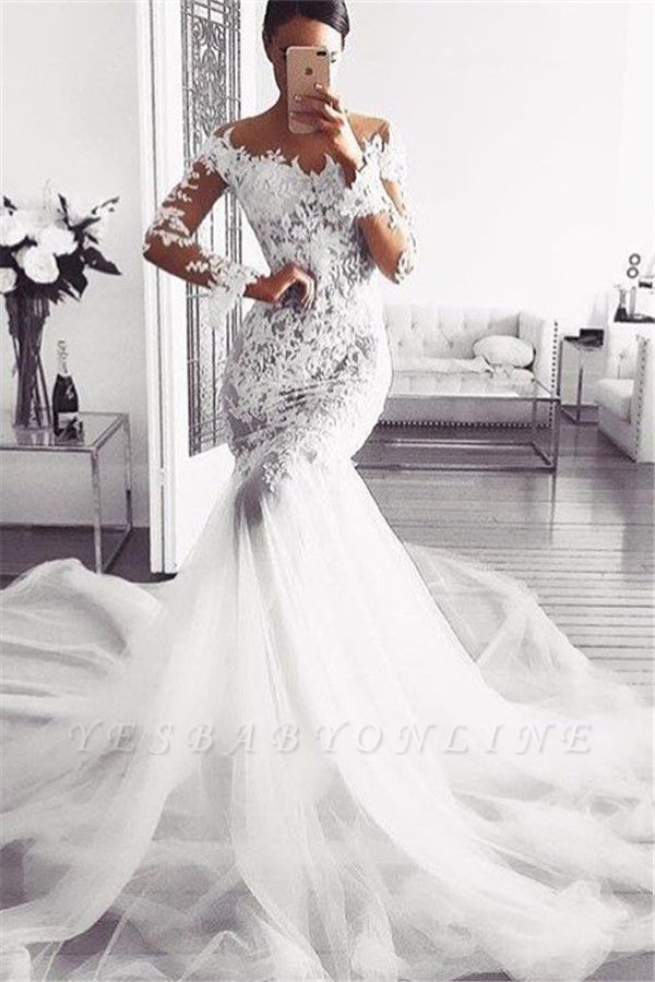 Sexy Mermaid Lace Wedding Dresses | Glamorous Off Shoulder Long Sleeves Bridal Gowns