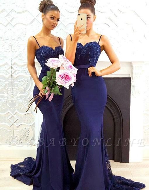 Elegant Dark Navy Bridesmaid Dresses | Spaghettis Straps Lace Prom Dresses