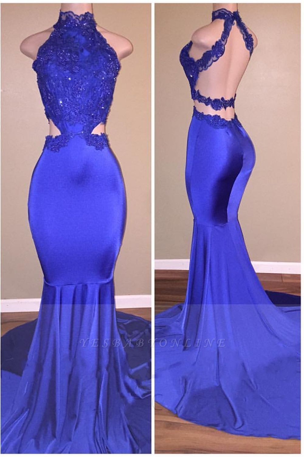 Halter High Neck Prom Dresses | Blue Mermaid Sleeveless Evening Gowns