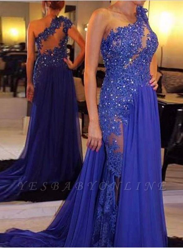 Appliques Royal-Blue One-Shoulder Elegant Beadings Evening Gowns