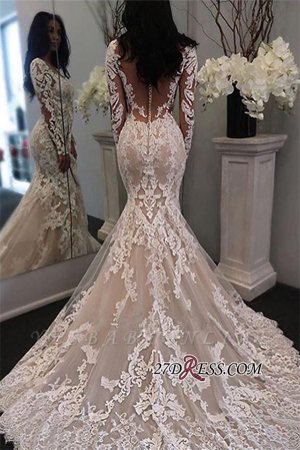 Classy Appliques Lace Long Sleeves Tulle Long Mermaid Wedding Dress