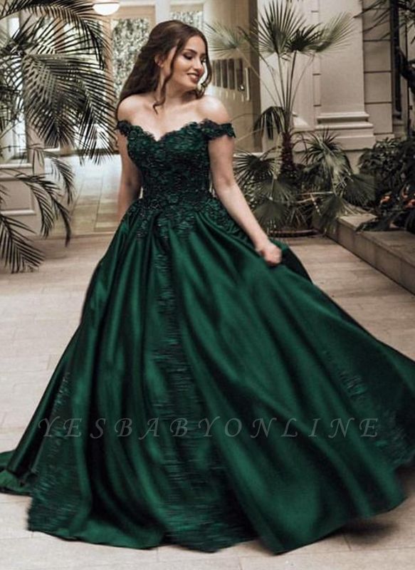 Elegant Dark Green Puffy Prom Dresses | Off-The-Shoulder Ball Gown Quinceanera Dresses