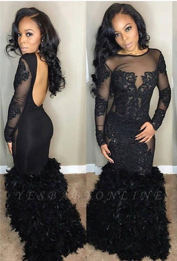 Black mermaid Prom Dresses With Feathers | Sheer Backless Appliques Evening Gowns