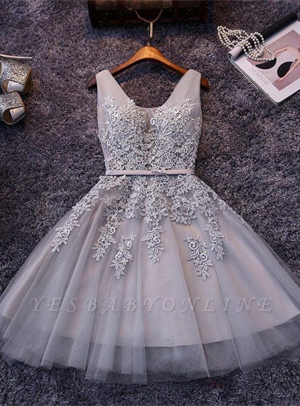 Elegant Silver Homecoming Dresses Lace Beaded  Puffy Hoco Dress