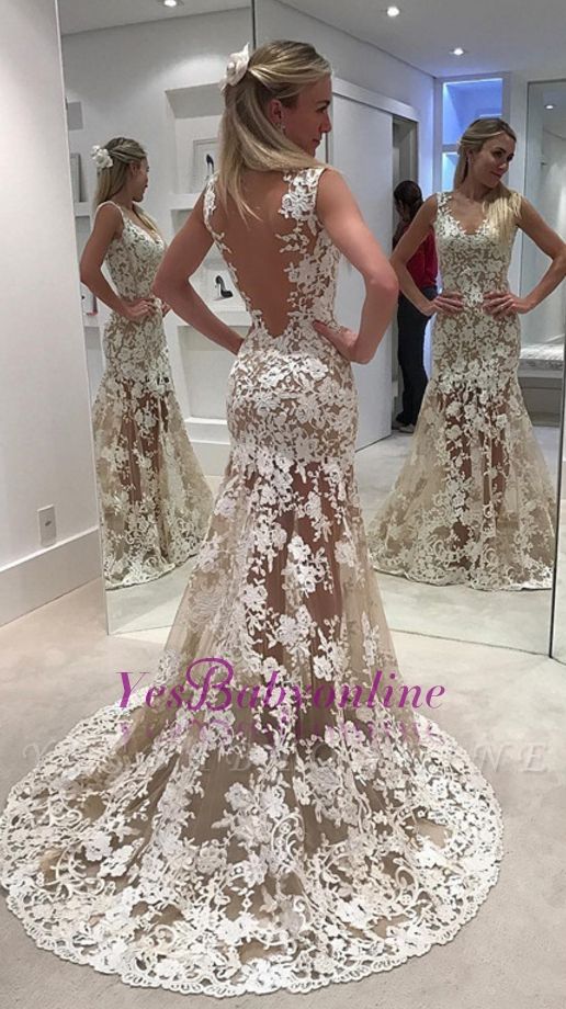 Ivory  Sheer Backless Lace Mermaid Designer Wedding Dress