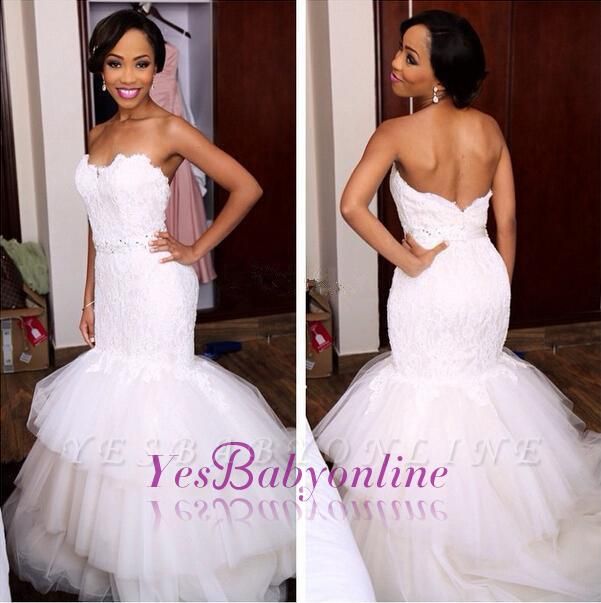 Appliques Crystal Tiered Sweetheart Mermaid Tulle Newest Wedding Dress