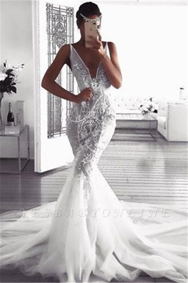 Glamorous Sexy Mermaid Lace Wedding Dresses | Sleeveless Tulle Deep v-Neck Appliques Bridal Gowns