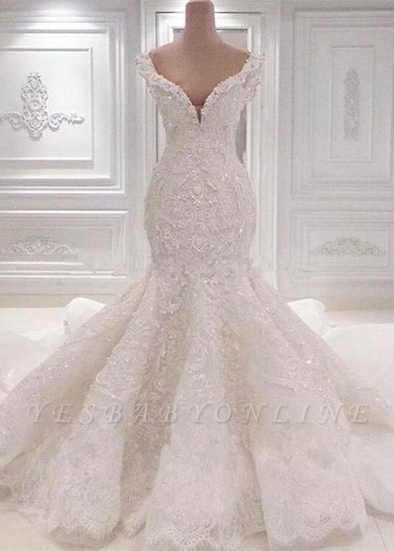 Off the Shoulder Lace Appliques Beaded Mermaid Wedding Dresses