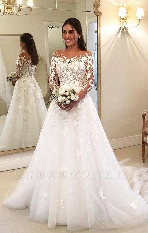 Long A-line Tulle Lace Appliques Wedding Dress With Sleeves