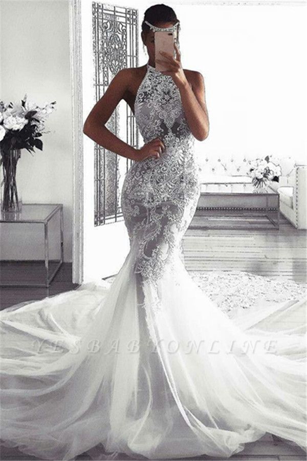 Glamorous Sleeveless Halter Sexy Mermaid Tulle Wedding Dresses