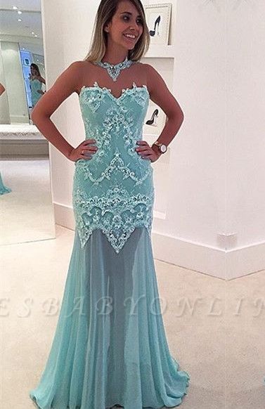 Appliques Sweep-Train Sleeveless Lace Mermaid High-Neck Sexy Prom Dress