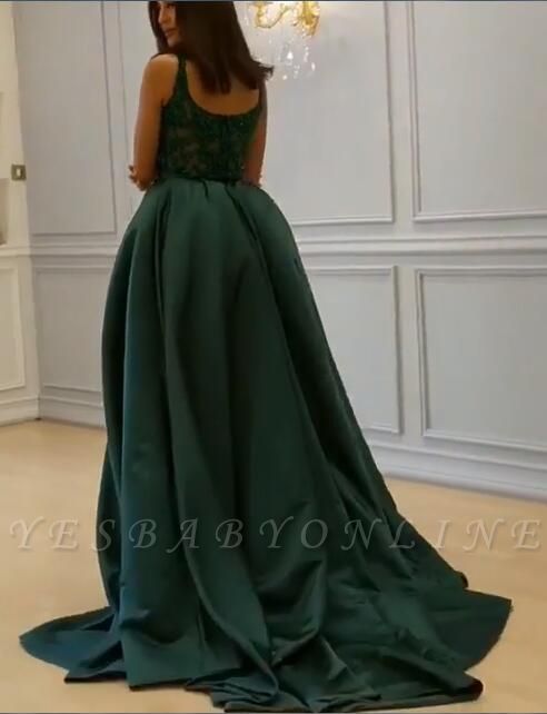 Elegant Crystal Sleeveless Dark Green Straps Long Prom Dress with ...