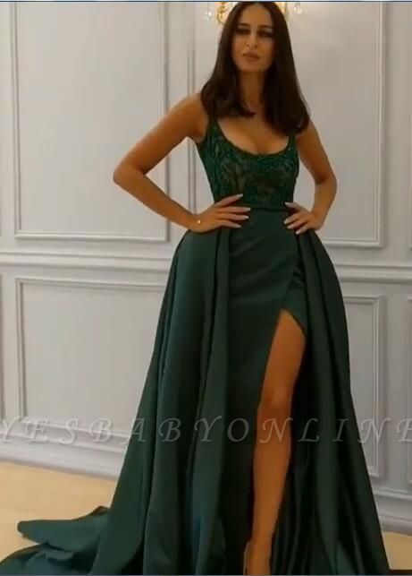 Elegant  Crystal Sleeveless Dark Green Straps Long Prom Dress with Overskirt