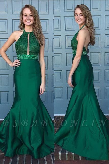 Mermaid Dark Green Prom Dresses Halter Neck Beading Backless Long Evening Gowns