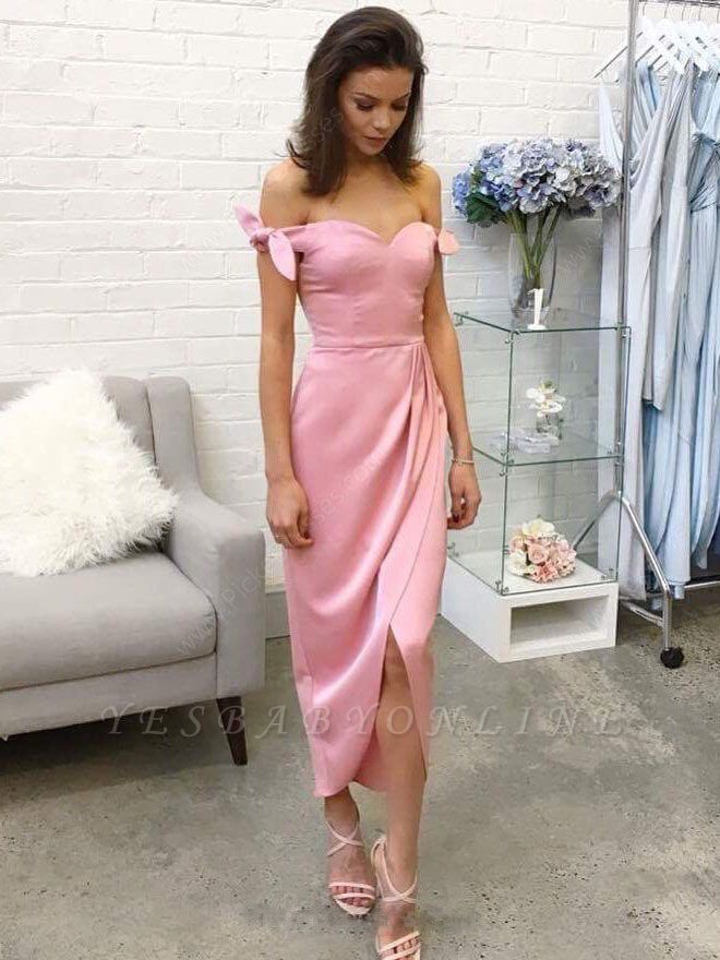 Silk-like Bow Pink Satin Off-the-shoulder Tea-length Prom Dresses