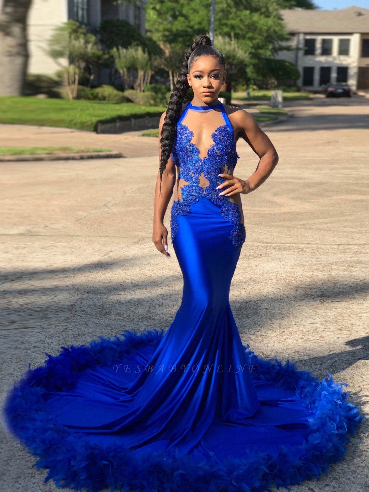 Luxury Royal Blue Prom Dresses | Sexy Feather Mermaid Evening Gowns