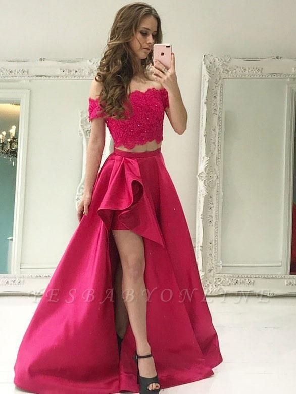 Chic Beading Two-Piece Prom Dresses | Lace Off-the-Shoulder Hi-Lo Party Dresses