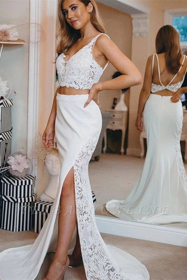 Sexy Two Pieces Straps Side Slit Backless Mermaid Wedding Dresses