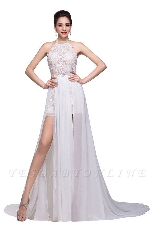 Halter Lace Chiffon Wedding Dresses with a Leg Slit