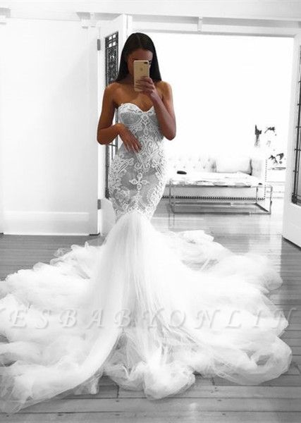 Romantic Sweetheart Lace White Wedding Dress | Sexy Mermaid Bridal Gowns