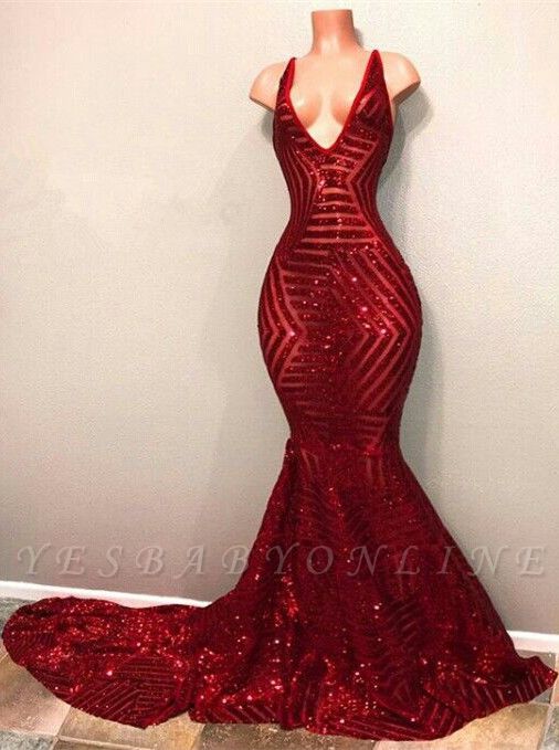 Chic Dark Red V-neck Sleeveless Zipper Sequins Mermaid Prom Dress