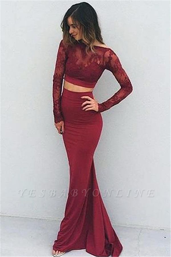 Burgundy Two-Piece Prom Dresses Lace Long Sleeves Backless Mermaid Evening Gowns