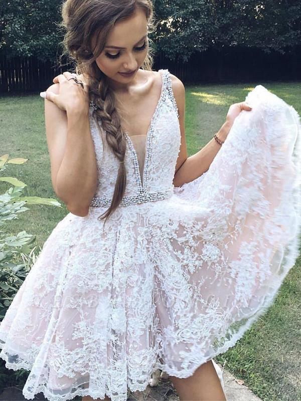 Beautiful Deep V-neck Wide Straps Beading Appliques Lace A-Line Short Prom Dress