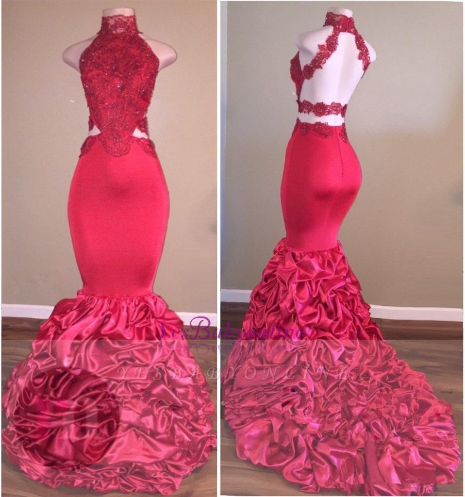 Lace Newest High-Neck Mermaid Open-Back Beadings Prom Dress ...