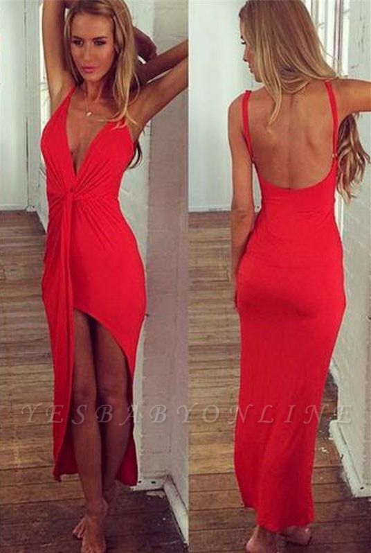 Hi-Lo Sexy V-Neck Spaghetti-Strap Summer Red Backless Beach Evening Dresses