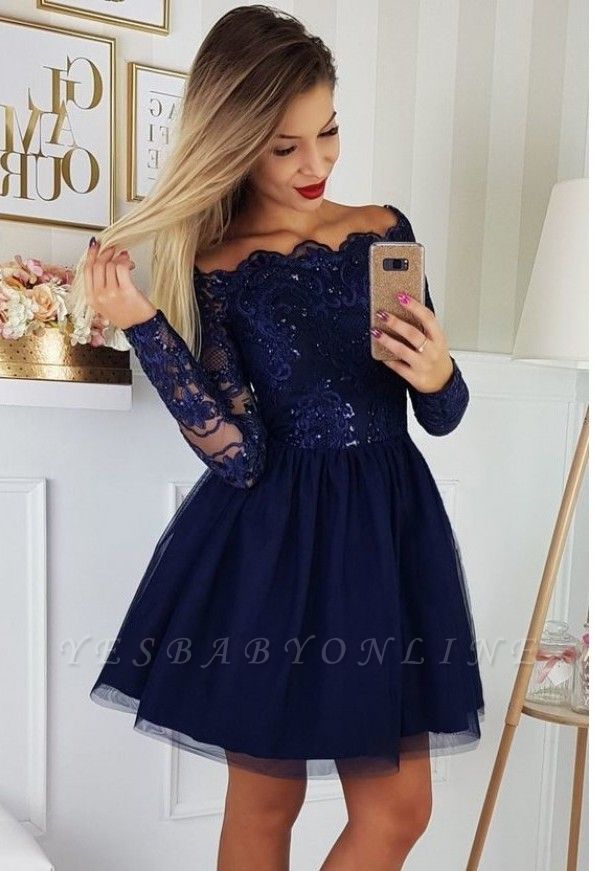 Vintage Off-the-shoulder Long Sleeve Appliques Lace Sequins Tulle A-line Short Prom Dress