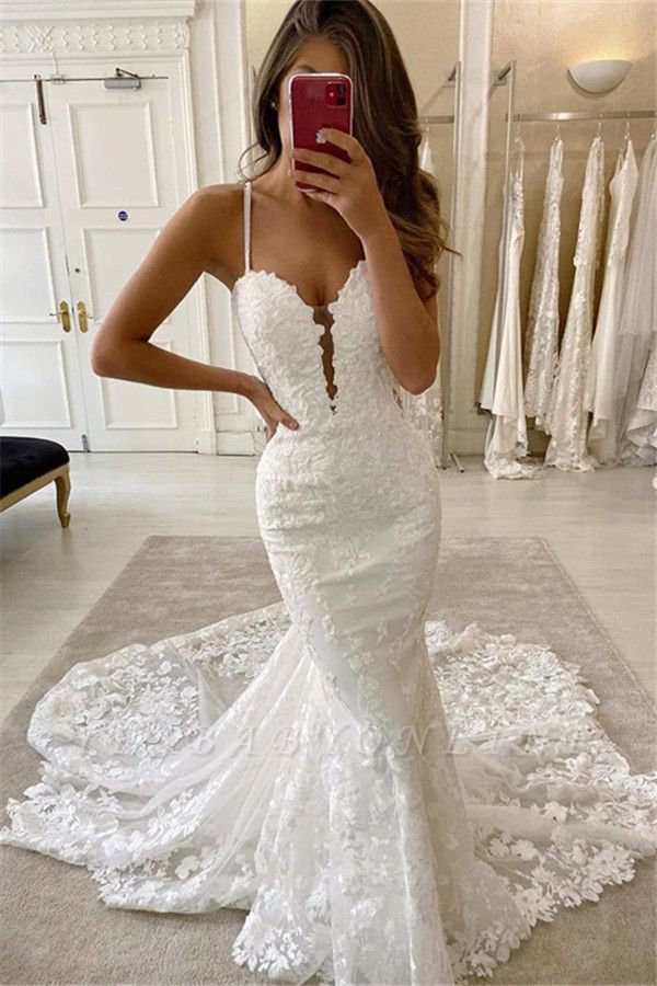 Amazing Spaghetti Strap Sweetheart Lace Mermaid Fitted Wedding Dresses