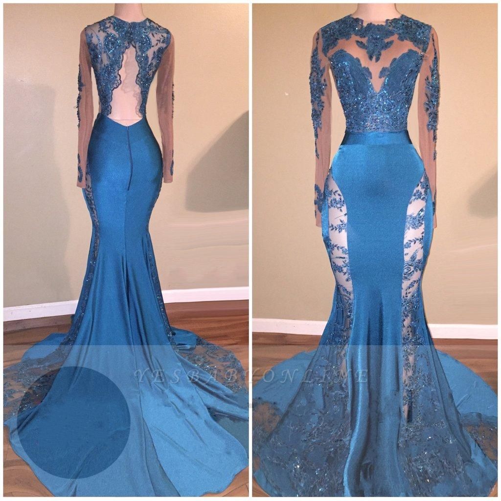 Blue Long Mermaid Lace Prom Dresses | Long Sleeves Hollow Back Evening ...