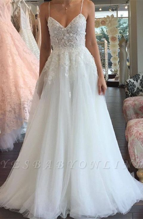 A-line Lace Romantic Spaghetti-Strap Sleeveless Tulle Wedding Dress