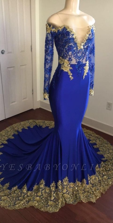 Off-the-shoulder Long Mermaid Prom Dresses | Long Sleeves Appliques ...