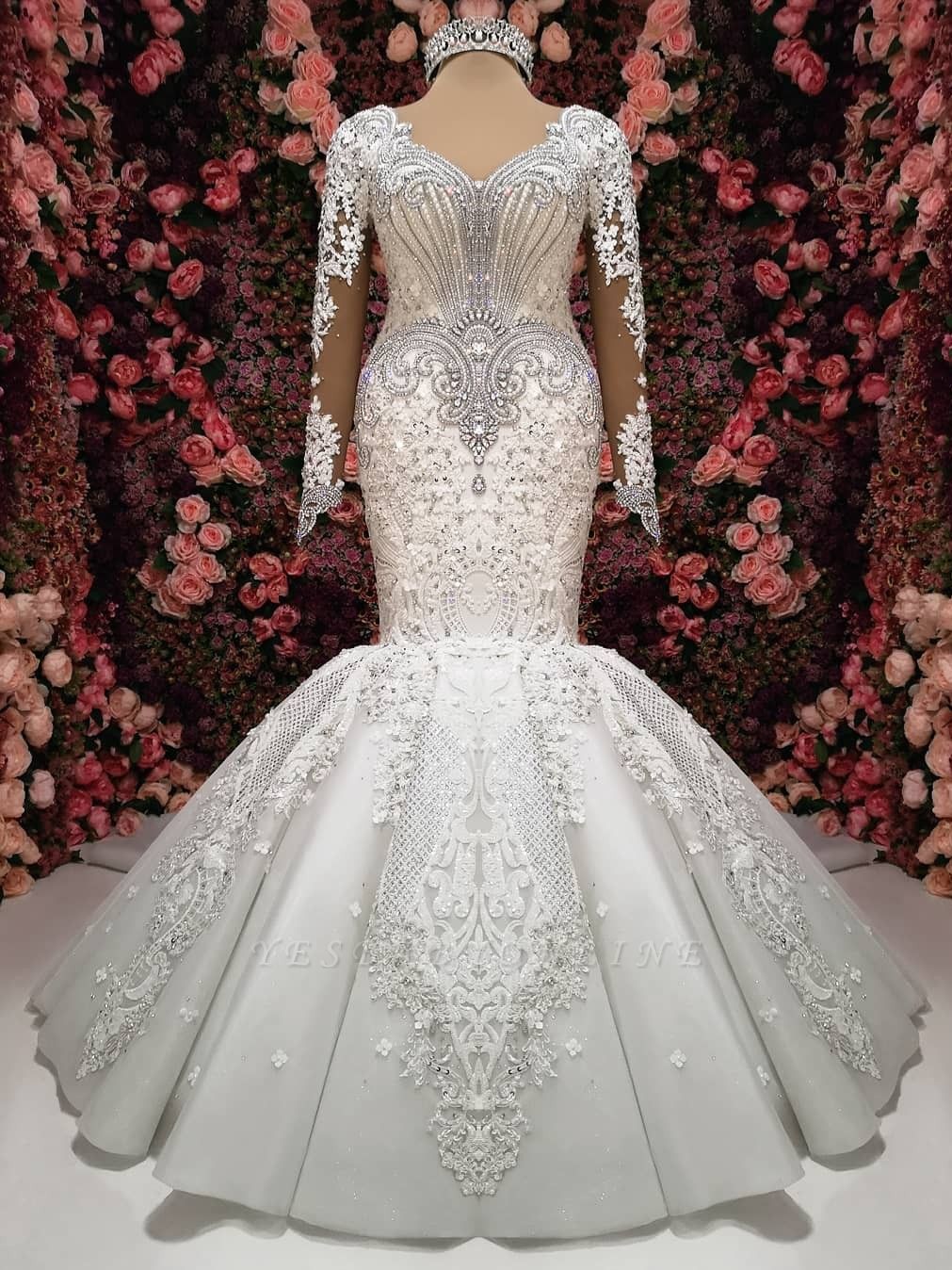Charming Crystals Mermaid Bridal Gowns  | Long Sleeves Chapel Train Wedding Dresses