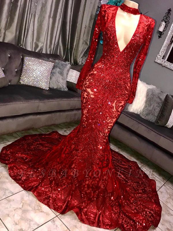 Glamorous Mermaid Long Sleeves Deep V-neck Lace Applique Long Prom Dress