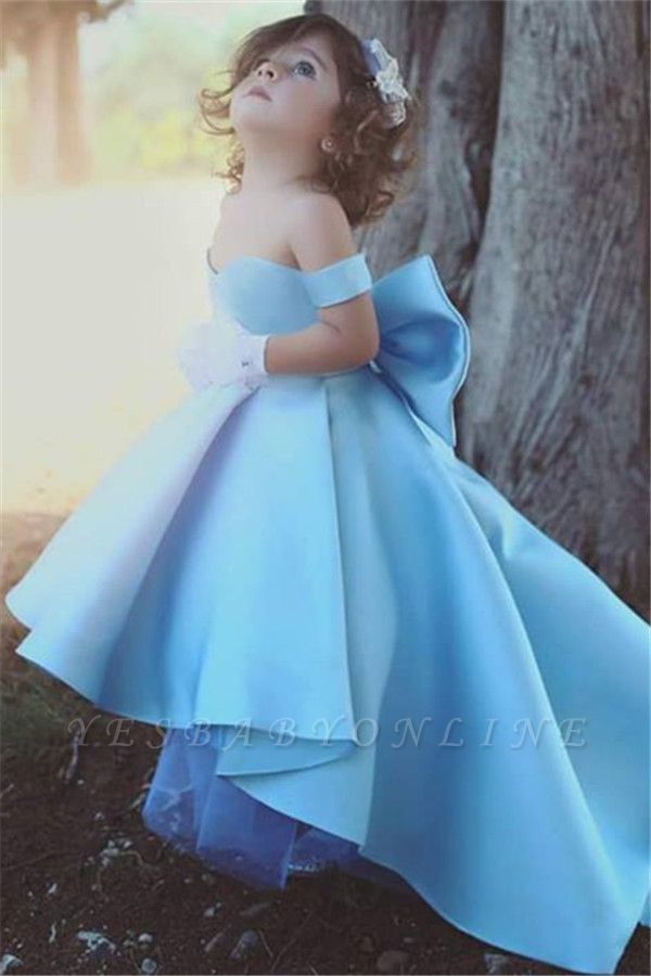 Off-the-Sholder Bow Simple Lovely Blue Flower-Girls Dresses