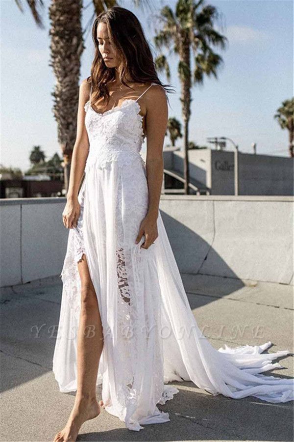 Sexy Spaghetti Straps Side Slit Chiffon Lace Beach Wedding Dresses | Destination Bridal Dresses