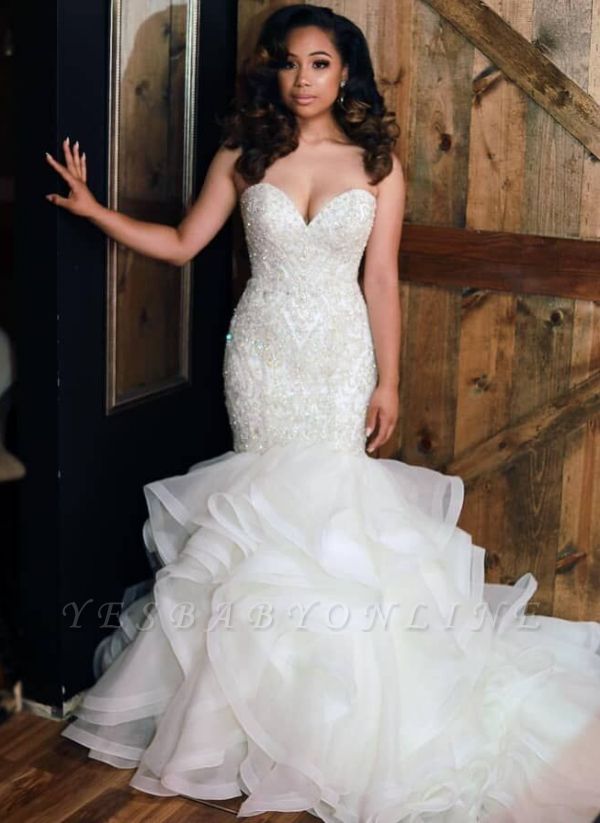 Charming Mermaid Beading Wedding Dresses | Sweetheart Neck Ruffles Skirt Bridal Gowns