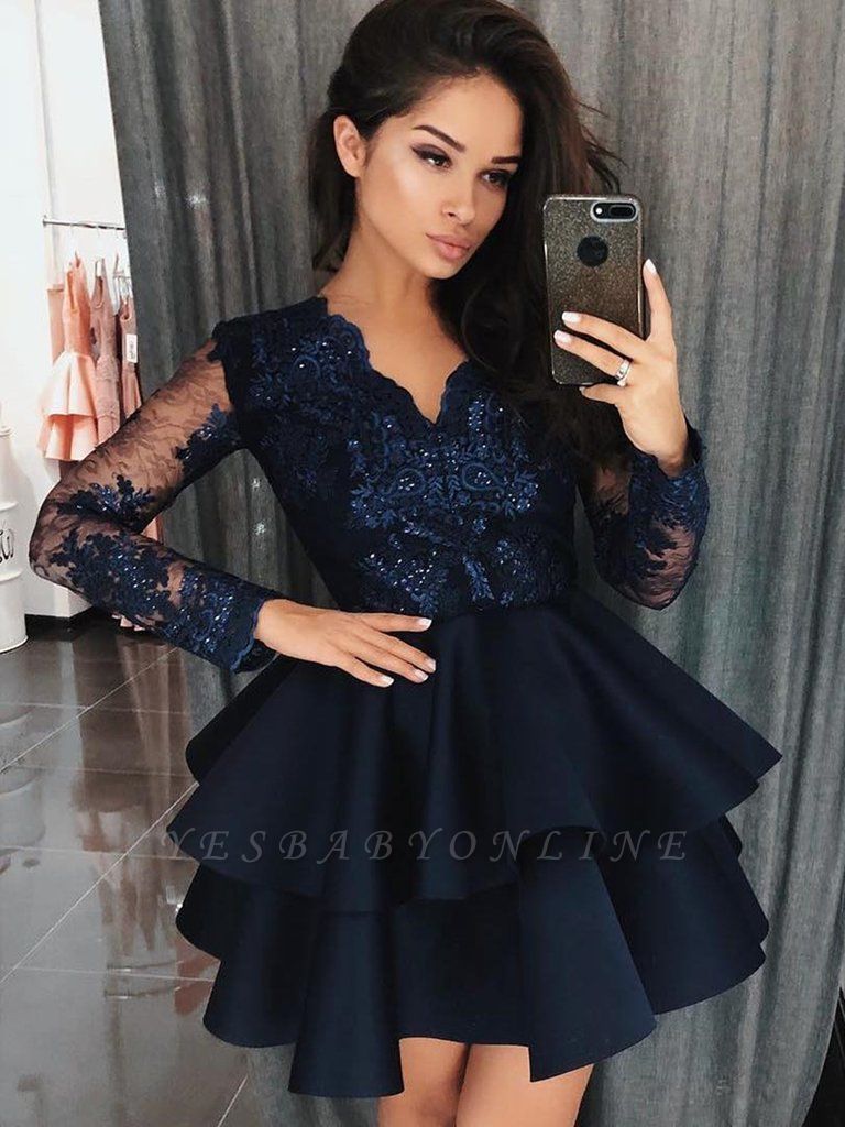 Glamorous Long Sleeve Appliques Lace Sequins V-neck Short A-line Prom Dress