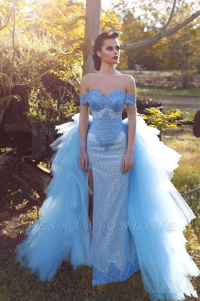 Glamorous Mesh Blue Off-the-shoulder Lace Appliques Evening Dress