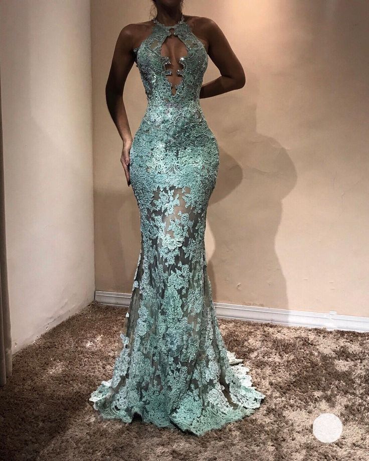 Halter Sleeveless Mermaid Prom Dresses | Lace Appliques Long Evening ...