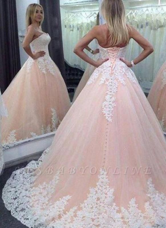 Pink Ball Gown Sweet 16 Dresses | Strapless White Appliques Quinceanera Dress