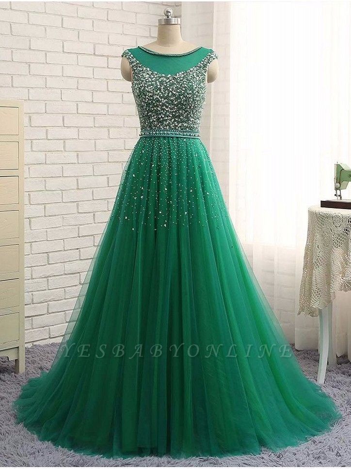 Green Sleeveless A-Line Beaded Brilliant Scoop  Prom Dresses