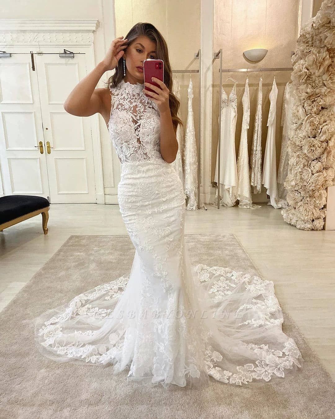 Elegant High Neck Lace Fiteed Mermaid Floor Length Wedding Dresses