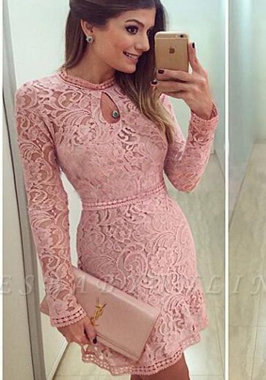 Long Neckline Sleeves A-line Short Lace Scoop Pink Prom Dress