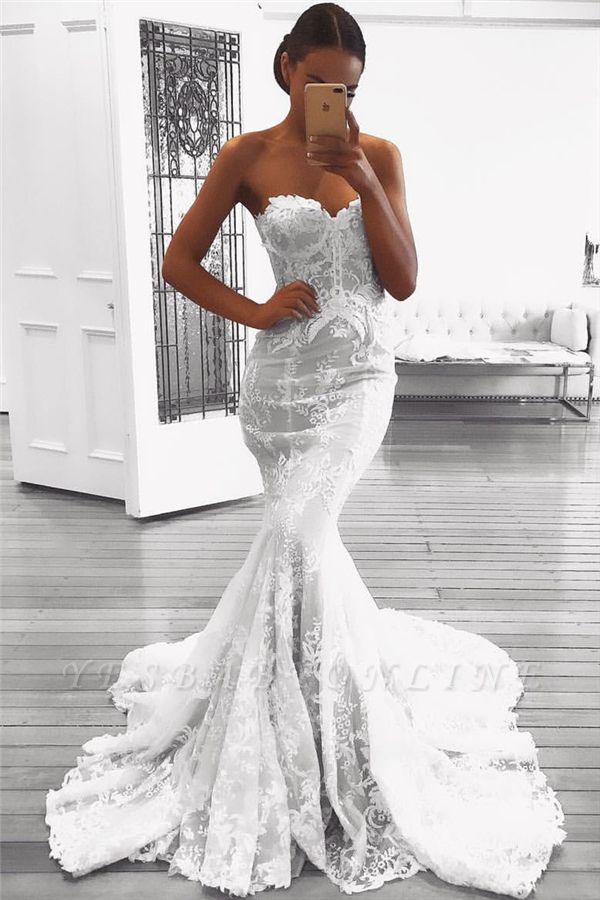 Sexy Strapless Mermaid Lace Wedding Dresses with Court Train